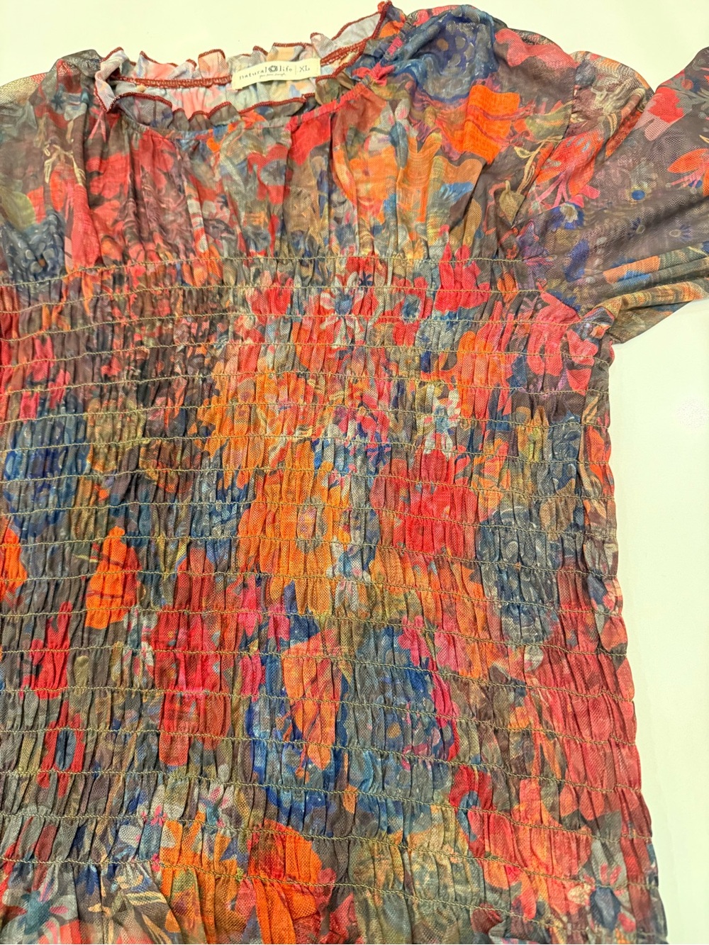 NATURAL LIFE Smocked Floral Top in Pink, Orange, Blue and Green - Picture 9 of 10